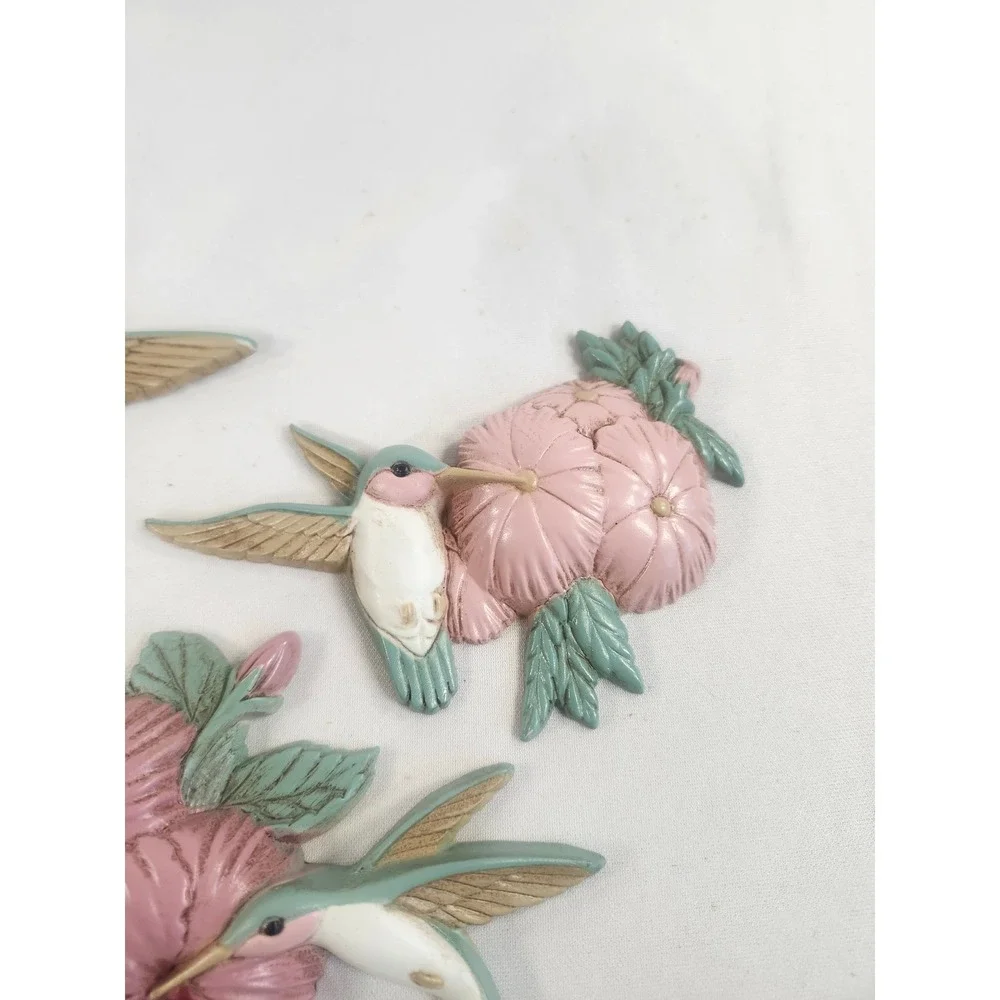 Vintage Burwood Hummingbird Floral Wall Plaques Set of 3 Pink White 1993 3303